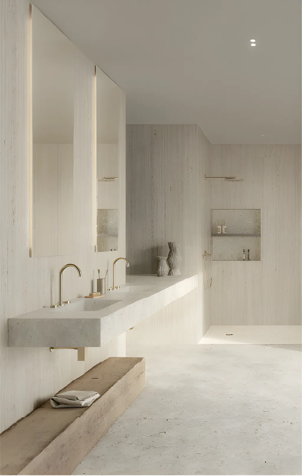 Silence washbasins, countertop, flooring and cladding in Dekton® TK06 Marmorio kC. Exelis shower tray in Dekton® Uyuni kC